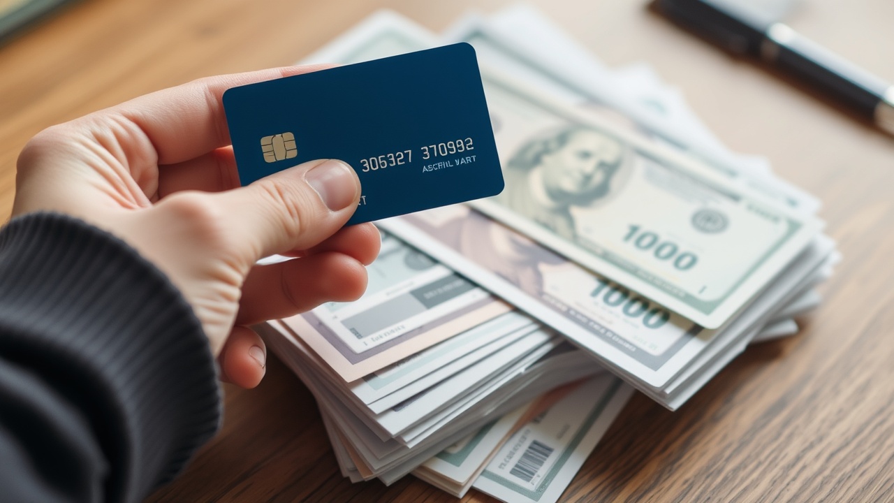 Debt Debt: Credit card held over a stack of cash