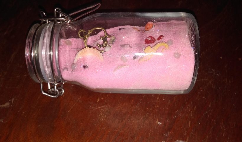 nevl46pgqb751 820x480 - I went to an arts and crafts store the other day and bought a bunch of supplies, and made a small glass jar filled with pink sand, white glitter (for sparkle), painted shells,colored pebbles, plastic sea animal toys, a mermaid charm and key charm. - hobbies, crafts