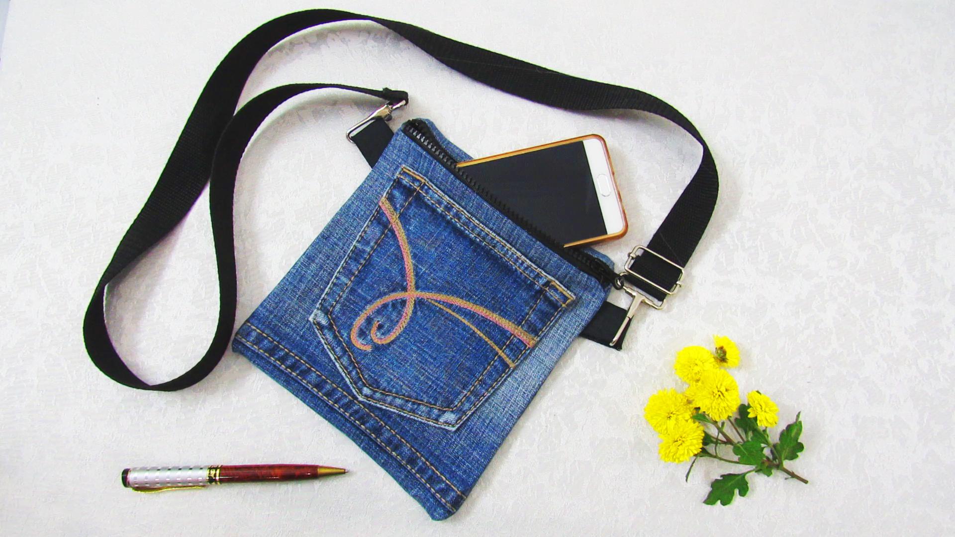 How to make lovely Zipper bag Purse from old jeans in 10 minutes