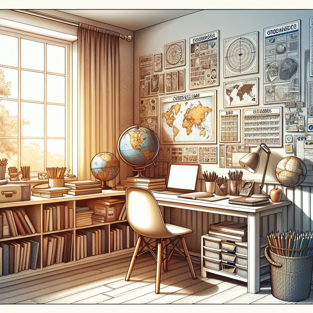 Dedicated home study space featuring an organized arrangement of personalized curriculum materials.