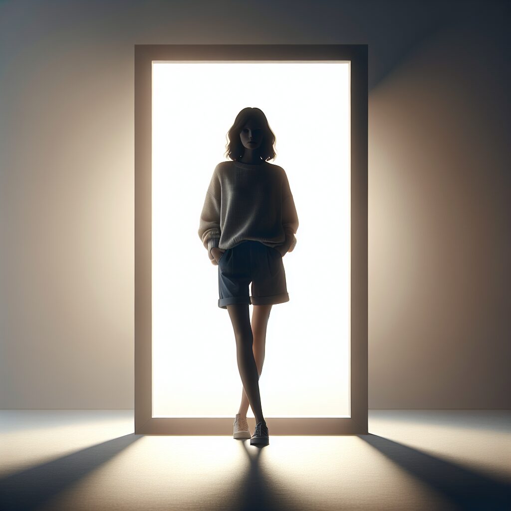 Backlit Portrait Framed by a Doorway with Soft Negative Space and Subtle Background Blur Backlit portrait of a person framed in a doorway, with soft negative space and a subtly blurred background.