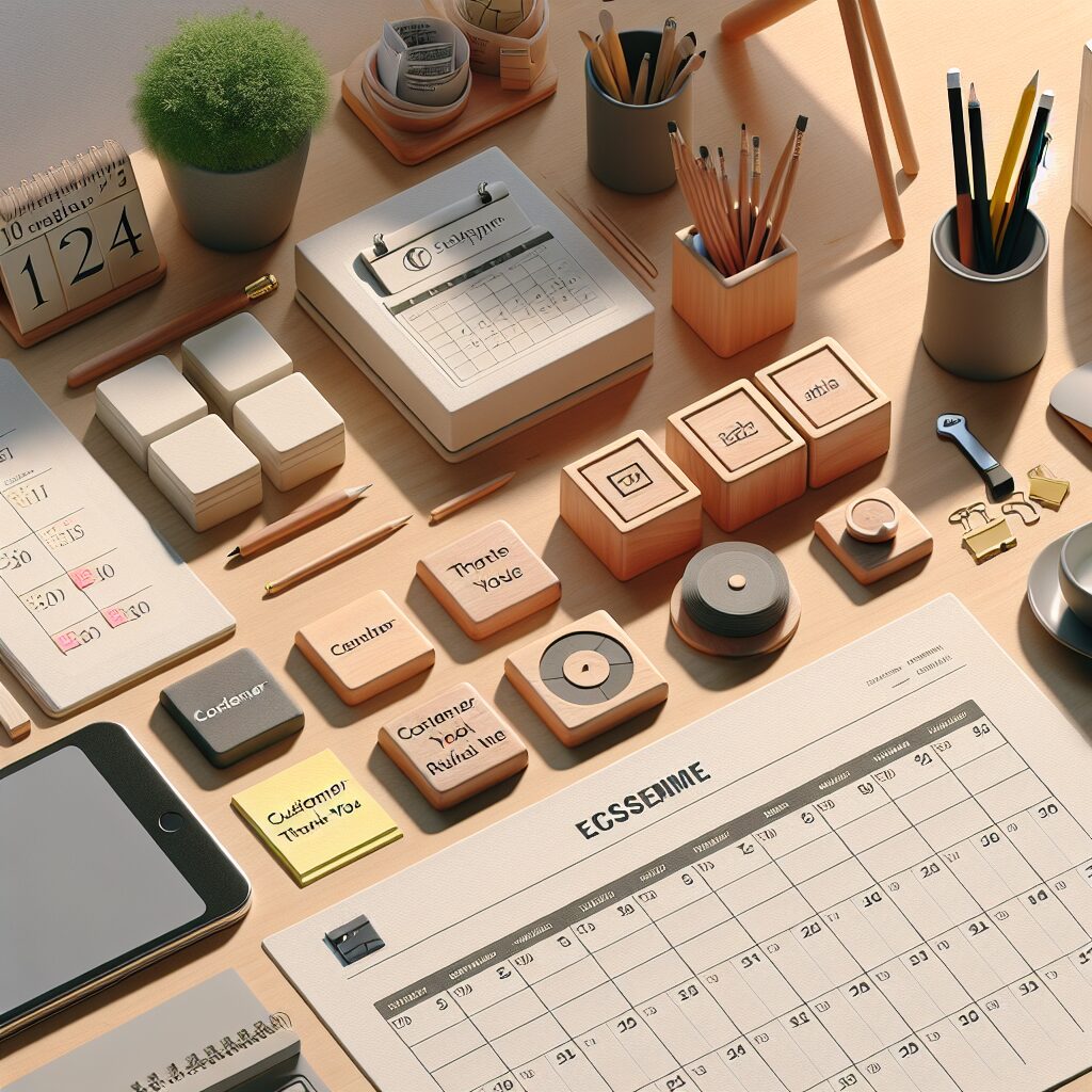 Home office desk setup featuring calendar blocks, an expense tracker, and customer thank-you notes arranged in a neat, organized workspace.