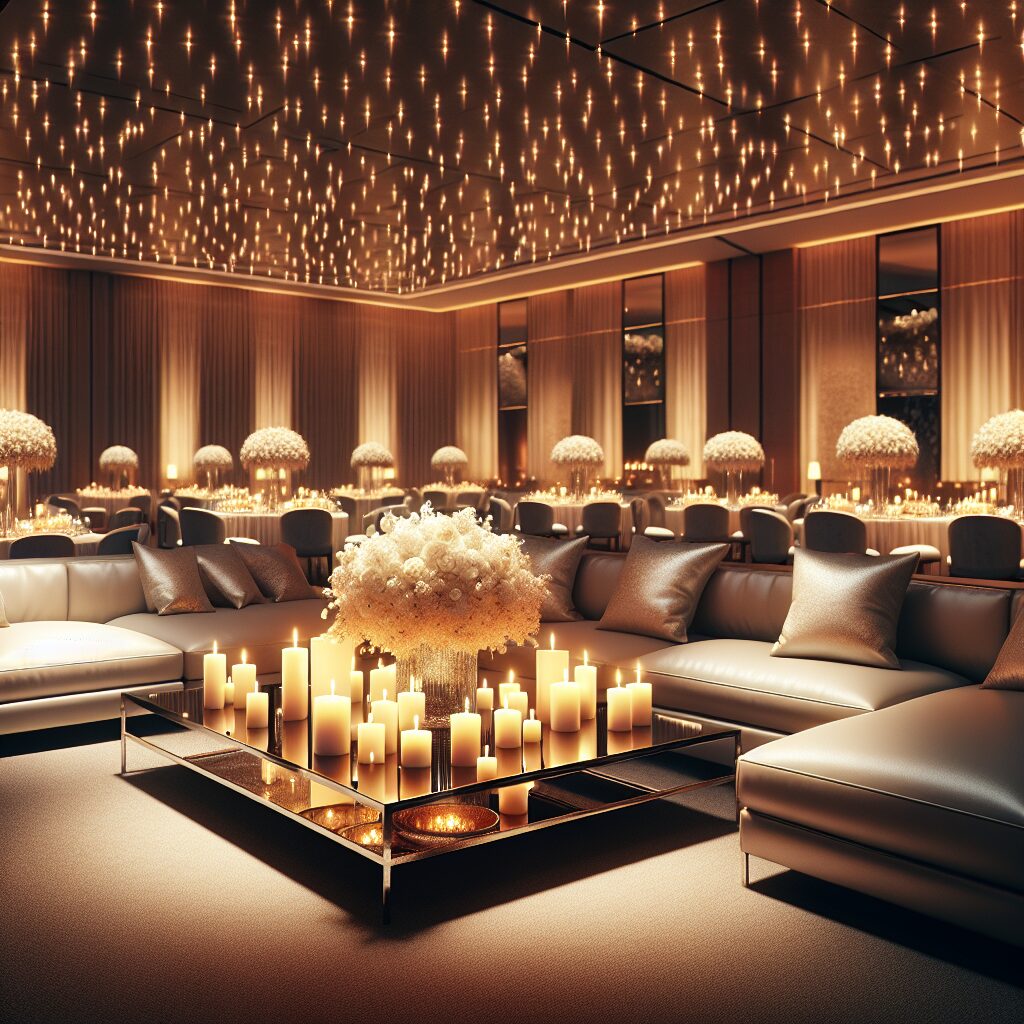 Planning A Wedding Everyone Will Remember 1 Candlelit reception lounge featuring sectional seating, ambient uplighting, and crystal-accented bouquet centerpieces on low tables.