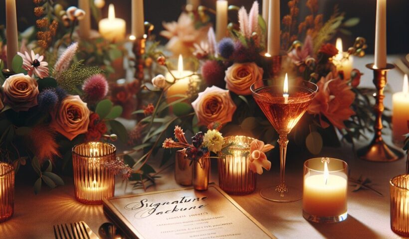 Wedding Information That Everyone Should Know About 20 Candlelit reception table with low floral centerpieces and signature cocktail menu cards.