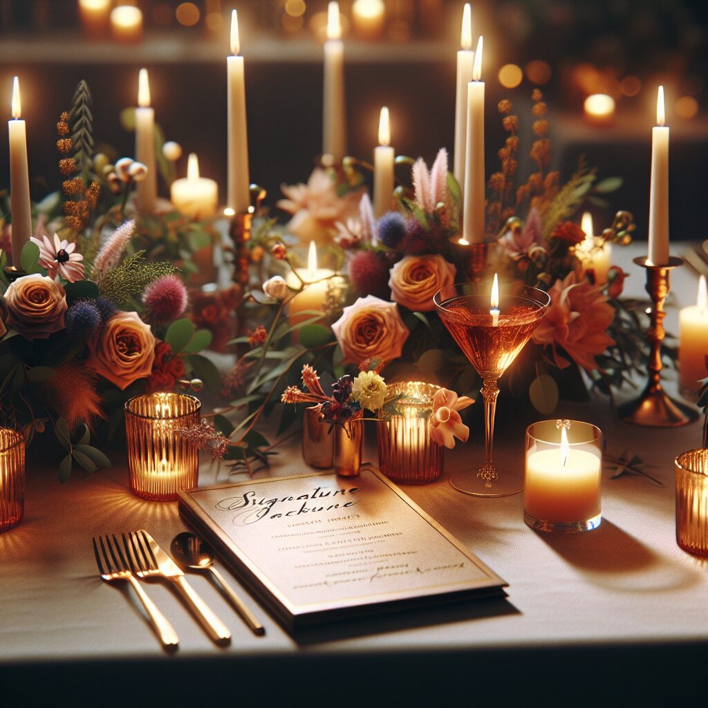 Candlelit reception table with low floral centerpieces and signature cocktail menu cards.