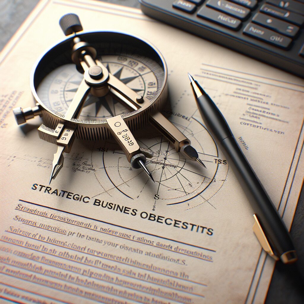 Close-Up of a Compass and Pen Resting on a Document of Strategic Business Objectives Close-up of a compass and pen resting on a document outlining strategic business objectives