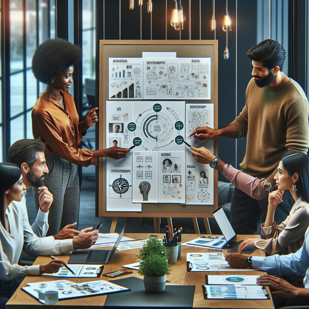 Diverse team in a strategy meeting using a compass and checklist while reviewing a vision board.