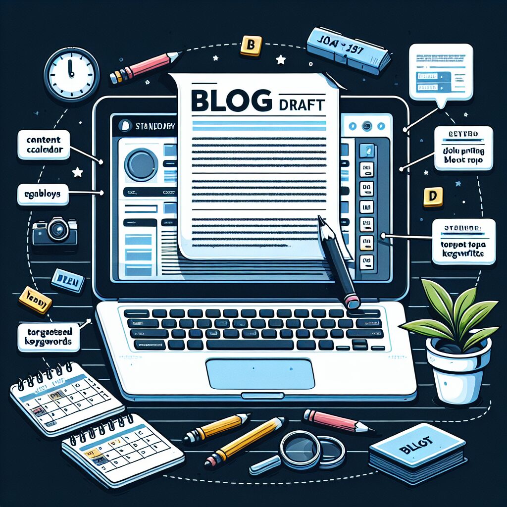 Laptop displaying a cleanly formatted blog draft alongside notes on a content calendar and targeted keywords.
