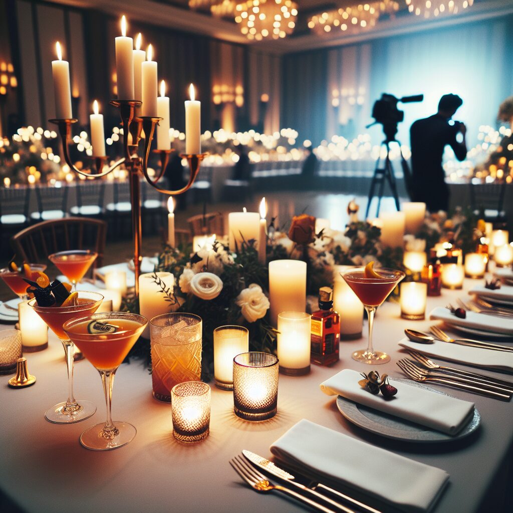 Curated Wedding Essentials: Signature Cocktails, Candid Photography, and Low-Profile Candlelit Centerpieces Wedding reception table with low-profile candlelit centerpieces, signature cocktails, and a photographer capturing candid moments.
