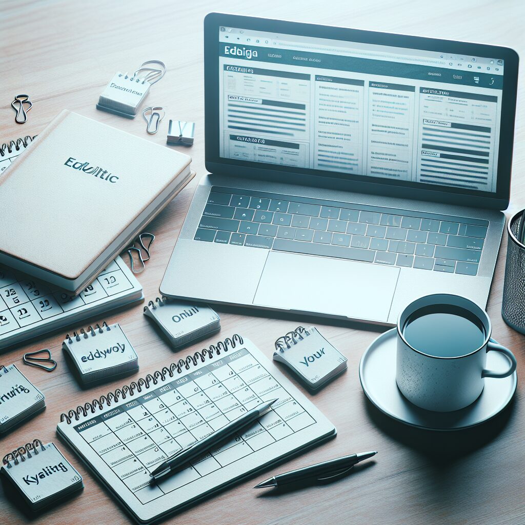Laptop on a clean desk with an editorial calendar and keyword notes placed beside it.