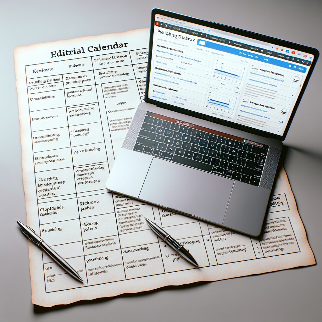 Editorial Calendar and Keyword Notes Beside a Laptop Publishing Dashboard Editorial calendar and keyword notes on paper beside a laptop displaying a publishing dashboard.