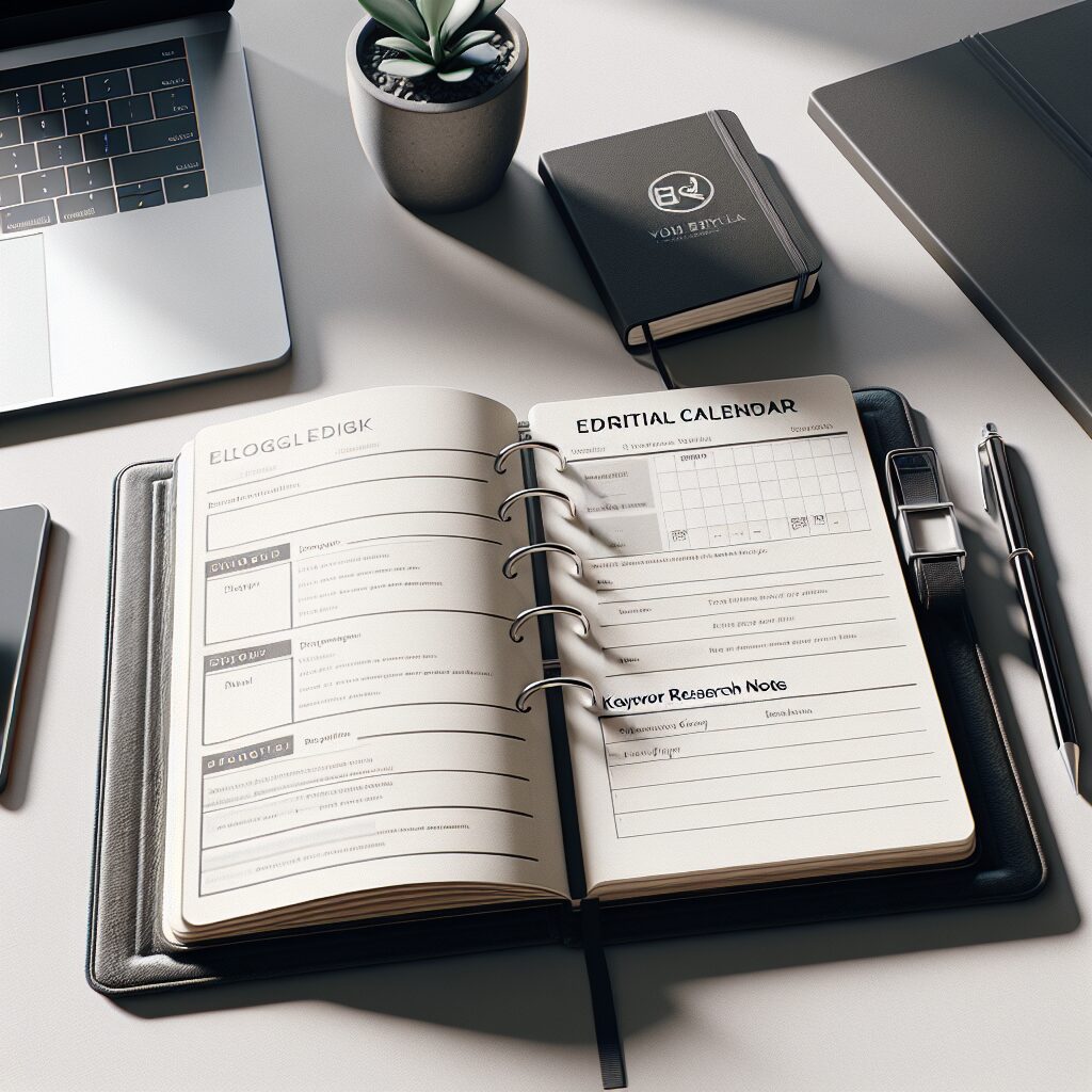 Editorial Calendar and Keyword Research Notes on a Minimalist Blogger’s Desk Minimalist desk with an open notebook showing editorial calendar and keyword research notes, alongside a laptop and pen.