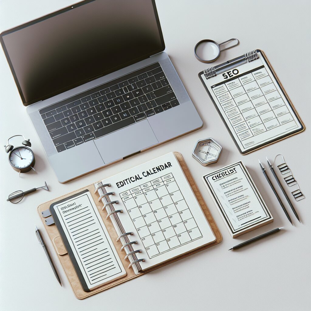Editorial calendar and SEO checklist beside an open laptop on a minimalist desk.