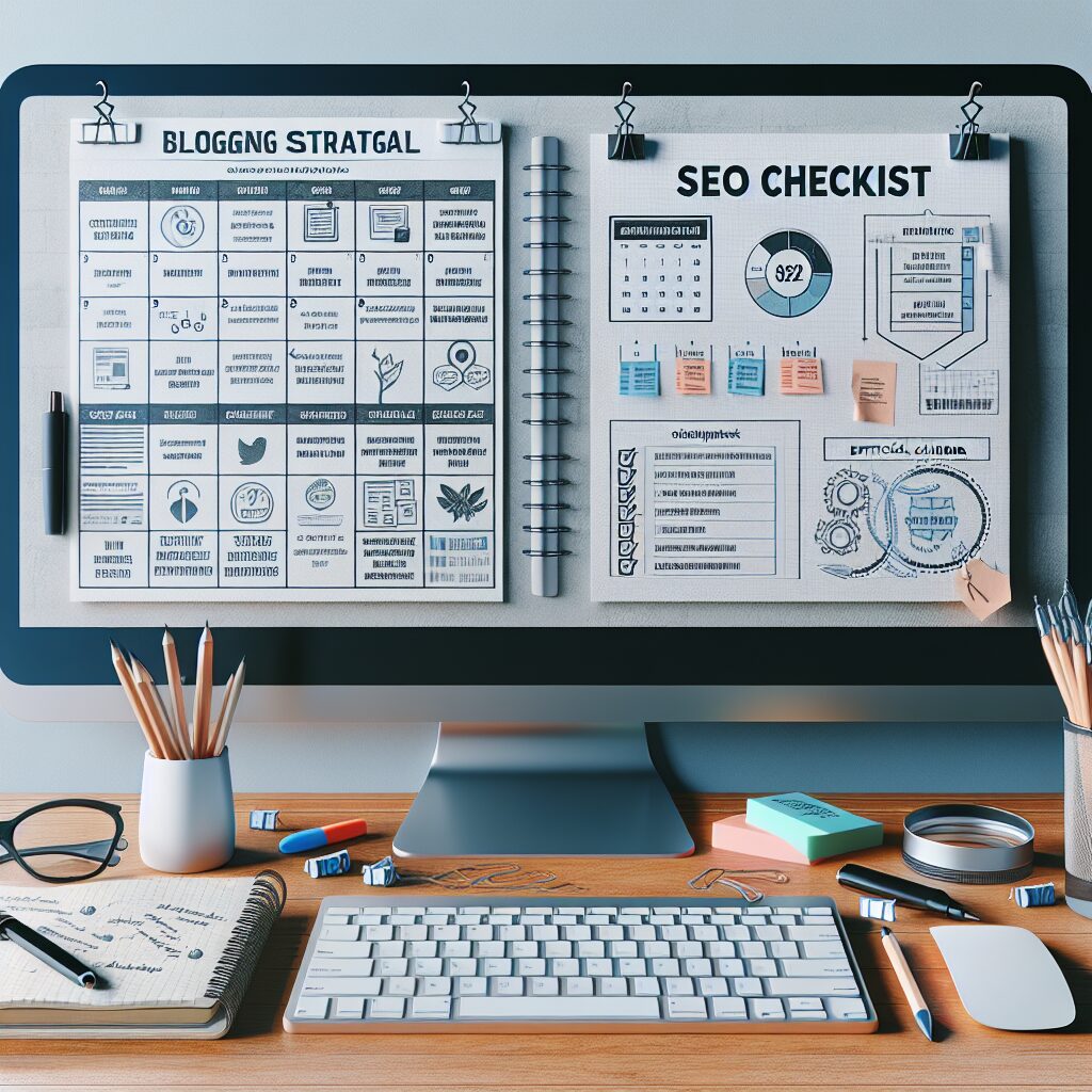 Workspace featuring an editorial calendar and SEO checklist for planning a sustainable blogging strategy.