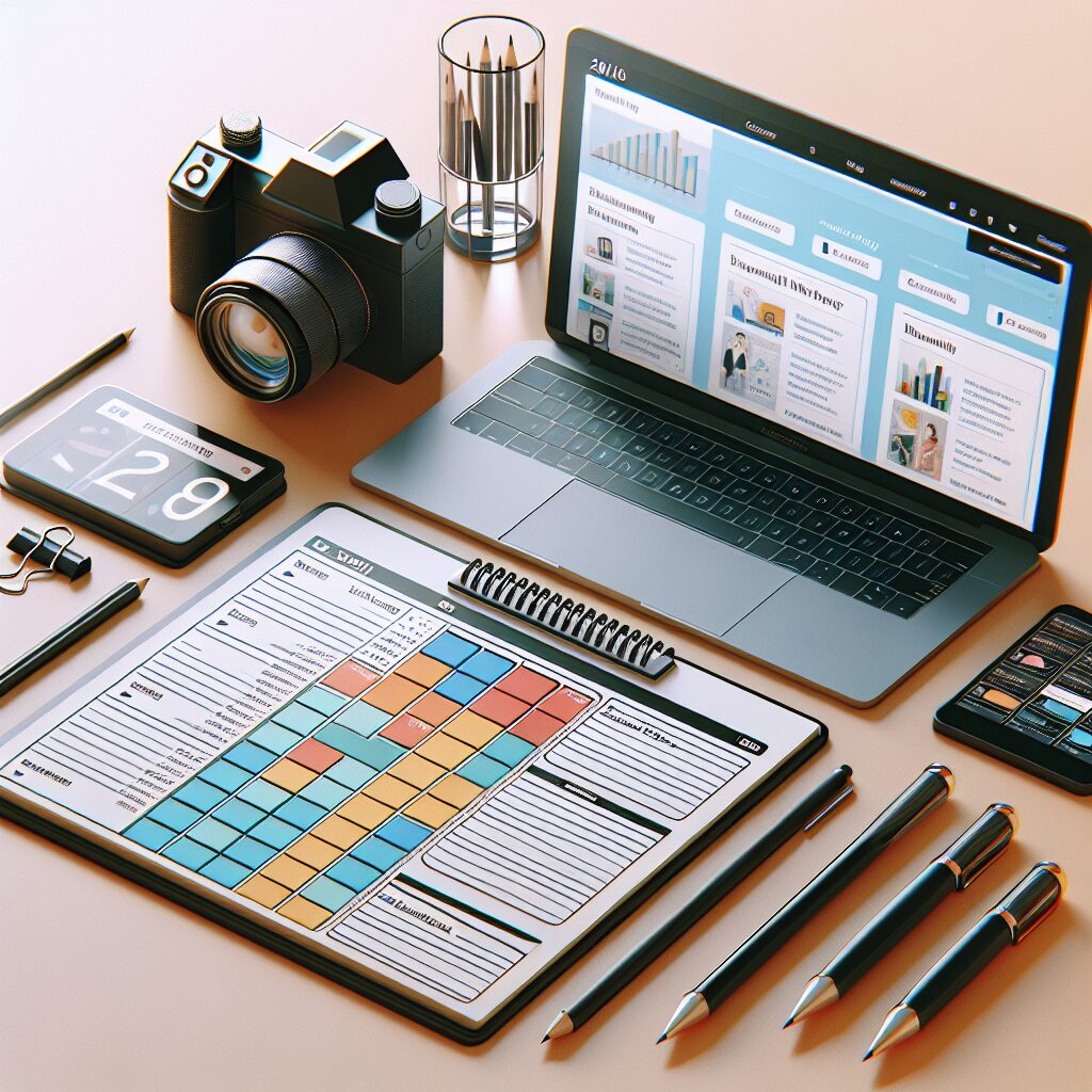Editorial calendar next to a laptop displaying a clean, reader-friendly blog layout.