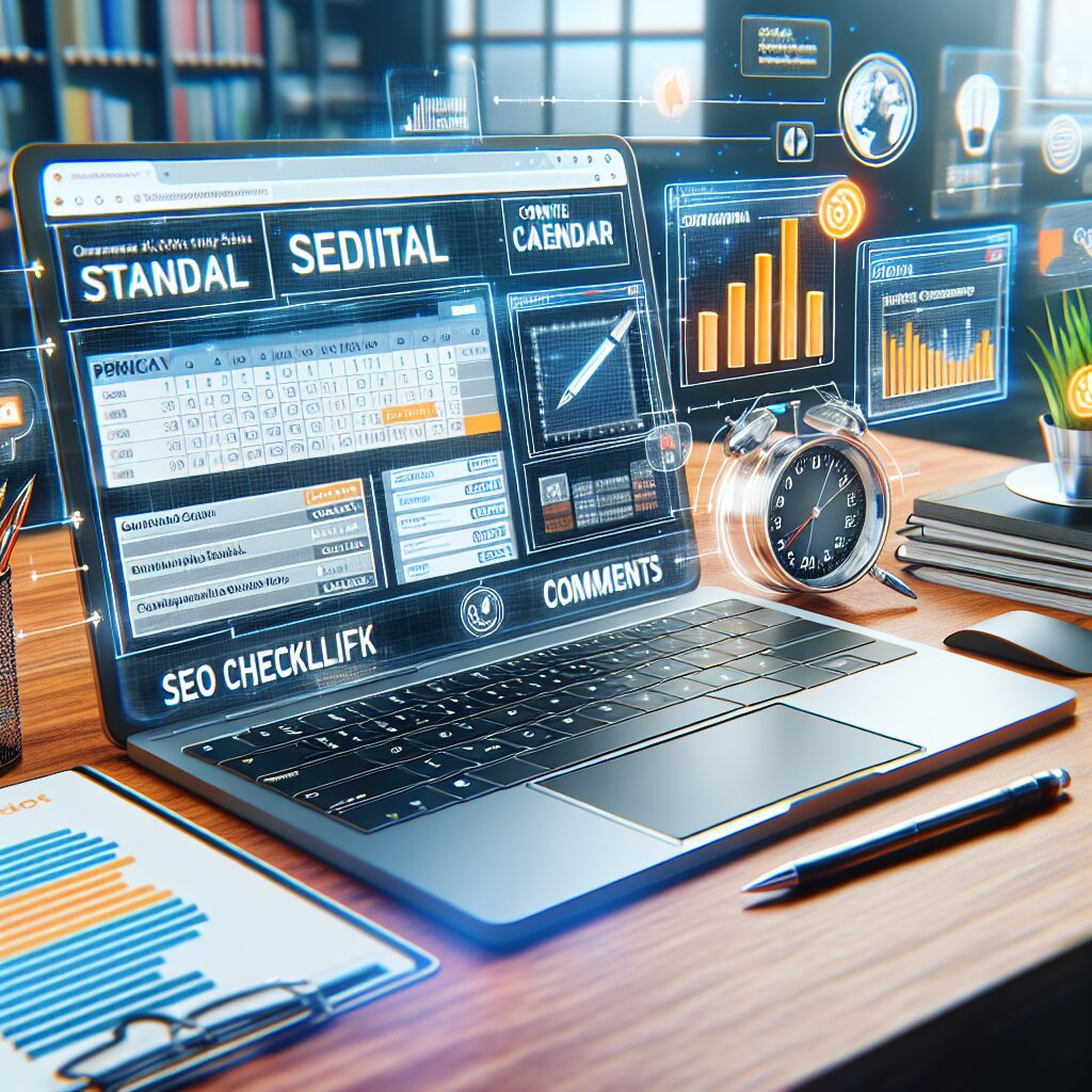 Editorial Desk Scene with a Content Calendar, SEO Checklist, and Comment Notifications on a Laptop Screen Laptop on an editorial desk displaying a content calendar, SEO checklist, and comment notifications.