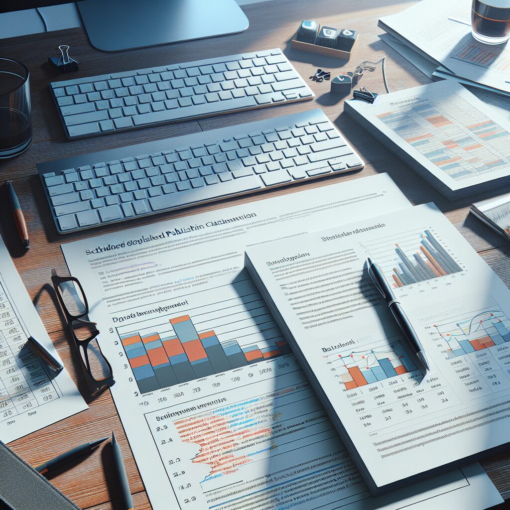 Editor’s desk displaying printed code snippets, benchmark charts, and a publishing calendar marked with scheduled release dates.