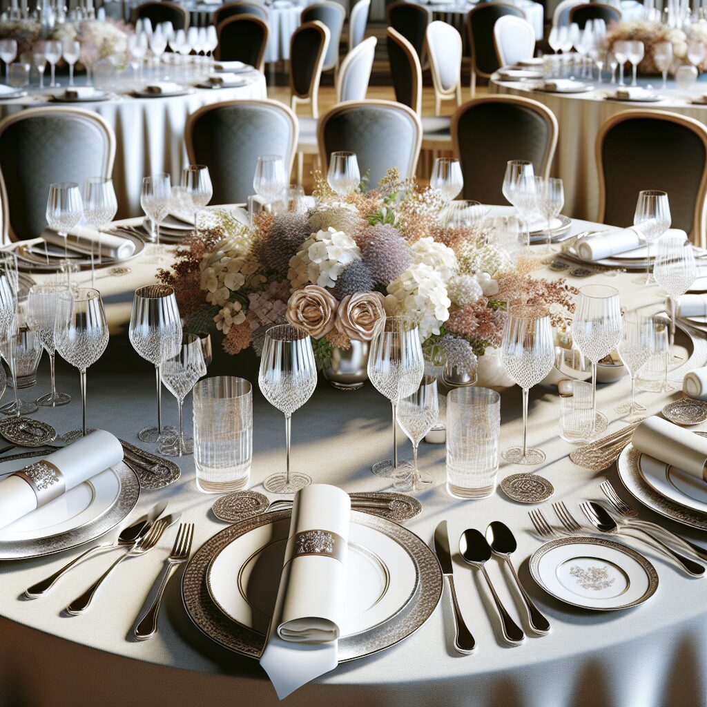 Wedding Day: Elegant reception table arrangement featuring low-profile centerpieces designed to facilitate unobstructed conversation.