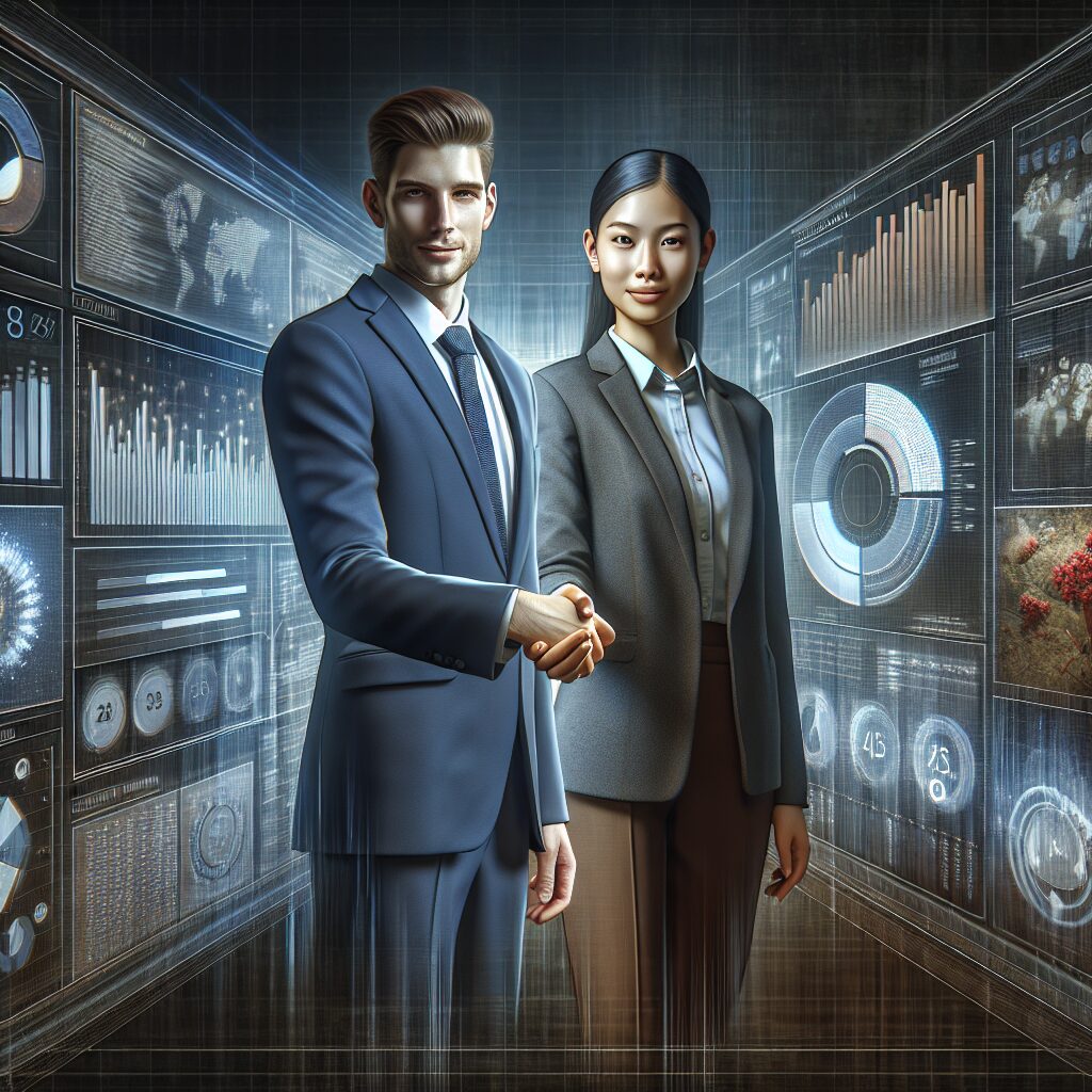 Executive Handshake Over a Team Dashboard: Building Trust Through Transparent Leadership Executive handshake in front of a team performance dashboard, symbolizing trust and transparent leadership