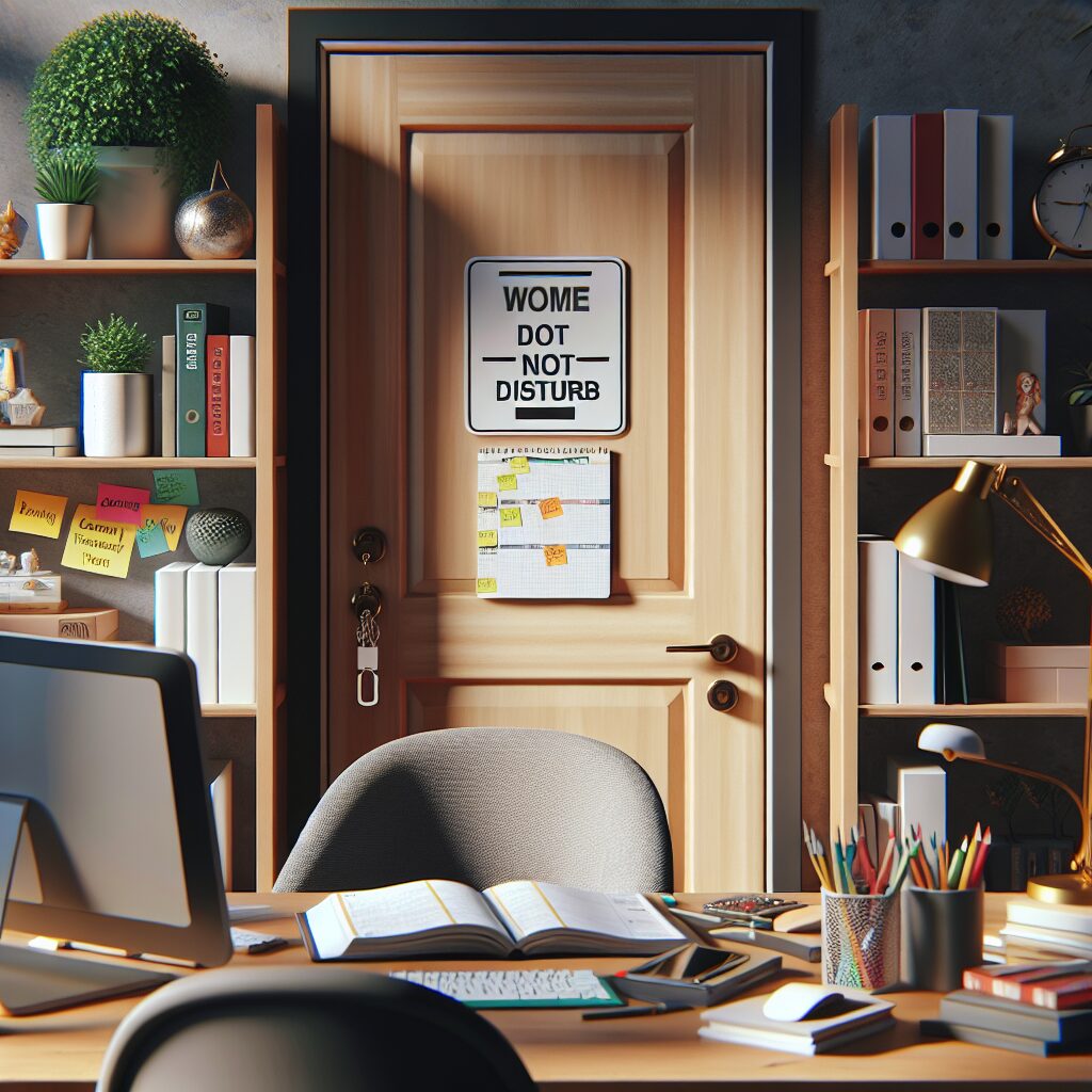 Home office boundary setup featuring a closed-door sign, a daily planner, and customer thank-you notes on a desk.