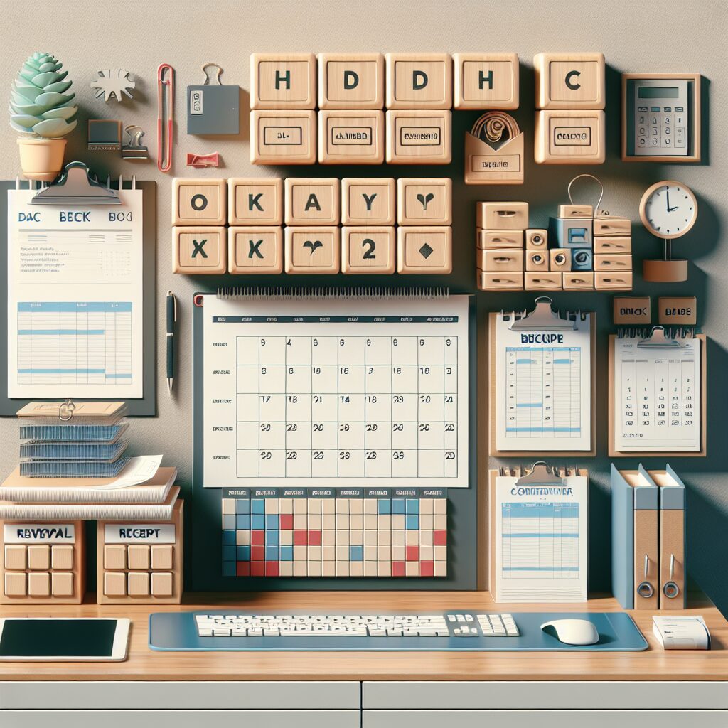 Home office command center featuring a desk calendar with labeled blocks, a receipt ledger, and a printed backup checklist arranged neatly on a workspace.