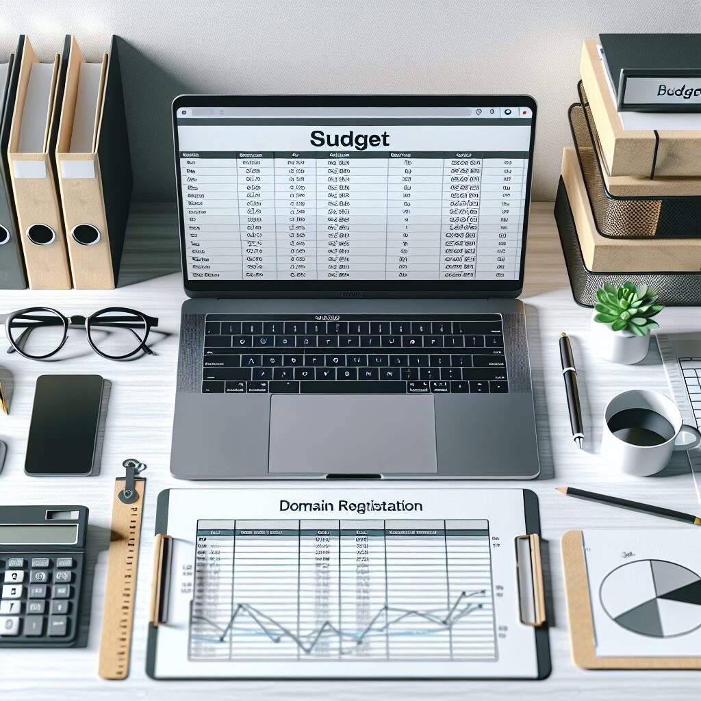 Home office desk with a laptop displaying a budget spreadsheet, documents related to domain registration, and a calendar showing timed work blocks.