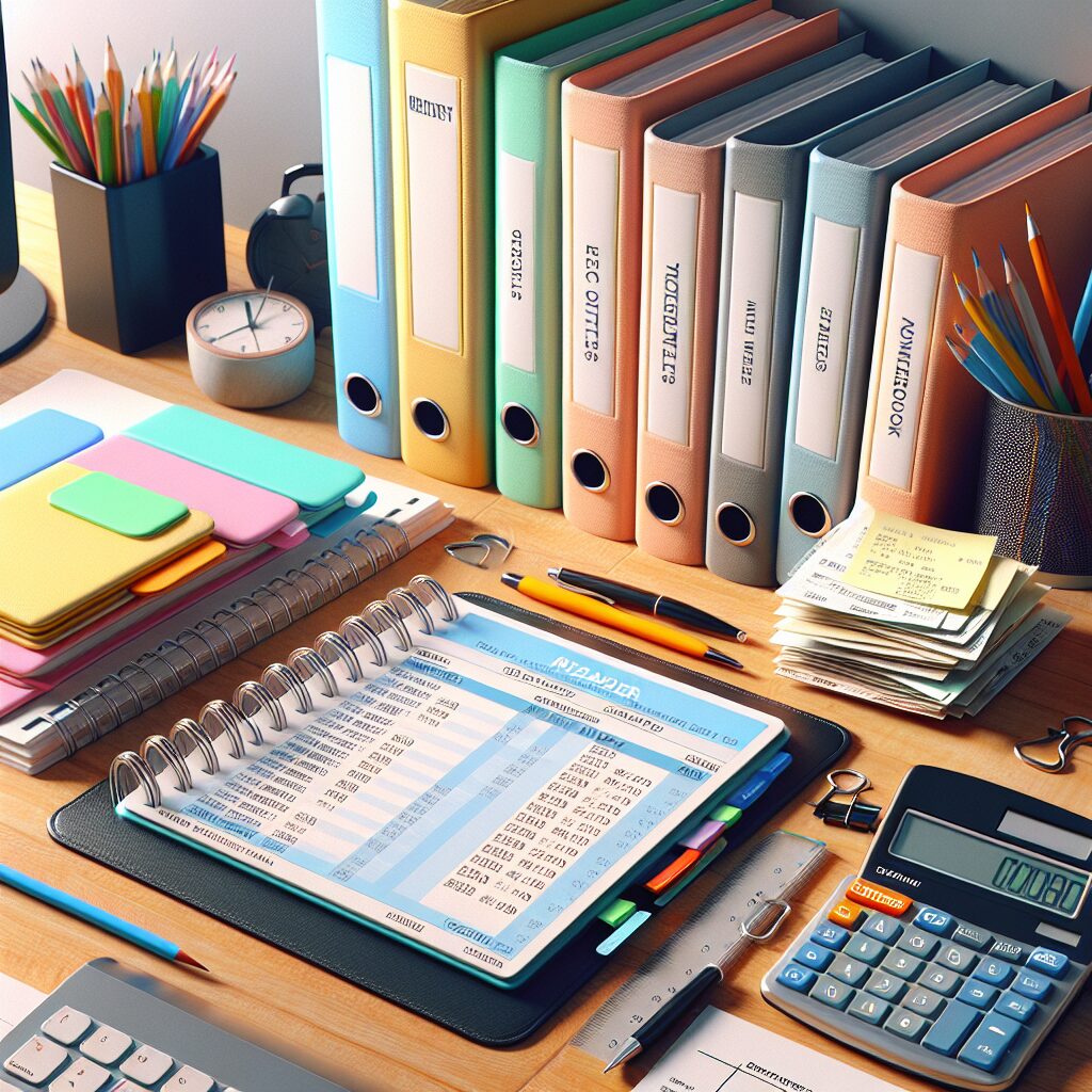 Home Office Desk with Color-Coded Planner, Receipt Folder, and Mileage Logbook for Business Readiness Home office desk with a color-coded planner, receipt folder, and mileage logbook arranged for business readiness