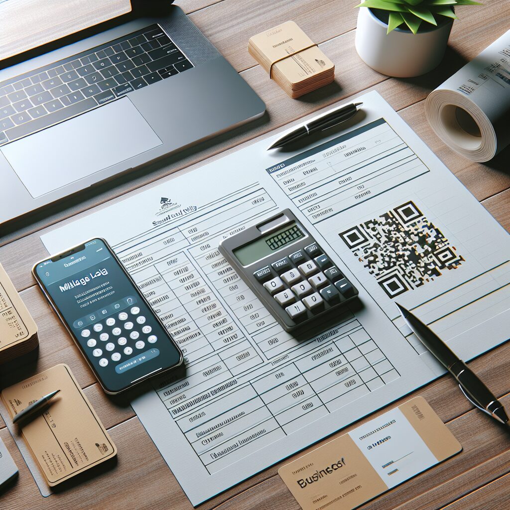 Home office desk with a ledger and mileage log beside a laptop, business cards, and a QR code landing page preview.