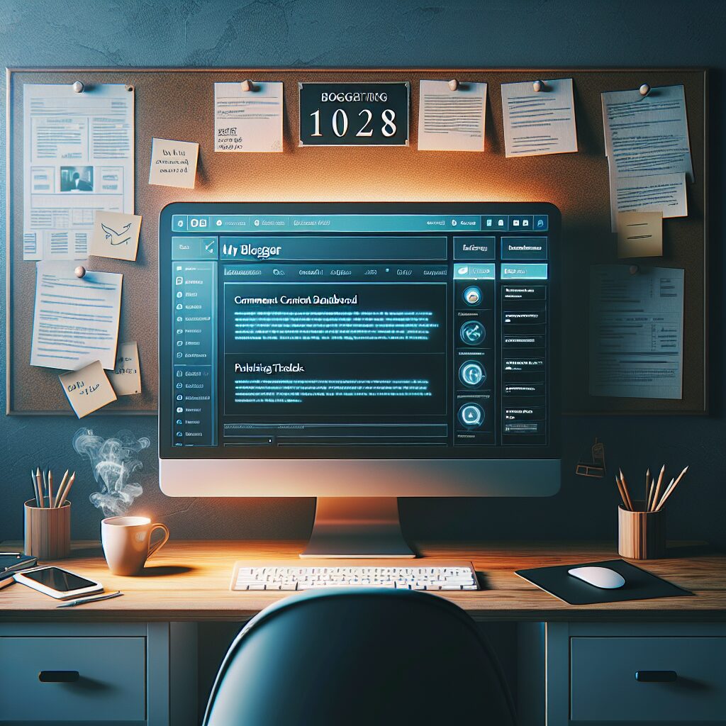 Blogger’s workspace featuring an illuminated content dashboard with comment threads and a publishing checklist.