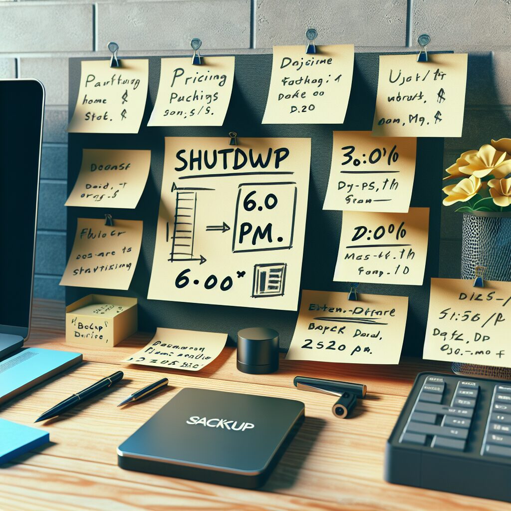Organized Home Office Desk with Pricing Notes, Backup Drive, and a 6:00 p.m. Shutdown Reminder Organized home office desk with handwritten pricing notes, an external backup drive, and a 6:00 p.m. shutdown reminder note.