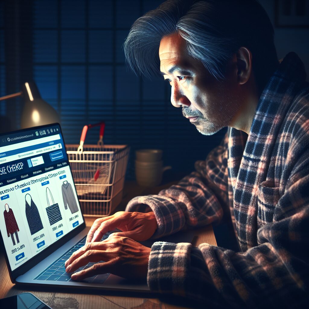Pajama-Clad Shopper Comparing Secure Checkout Pages and Discounted Carts on a Laptop Screen Online shopping: Shopper in pajamas comparing secure checkout pages and discounted shopping carts on a laptop screen.