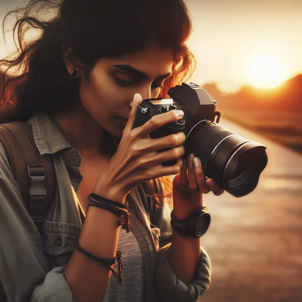 Photographer Adjusting Manual Camera Settings to Balance the Exposure Triangle During the Golden Hour Learn About Photography: Photographer adjusting manual camera settings to balance the exposure triangle during the golden hour