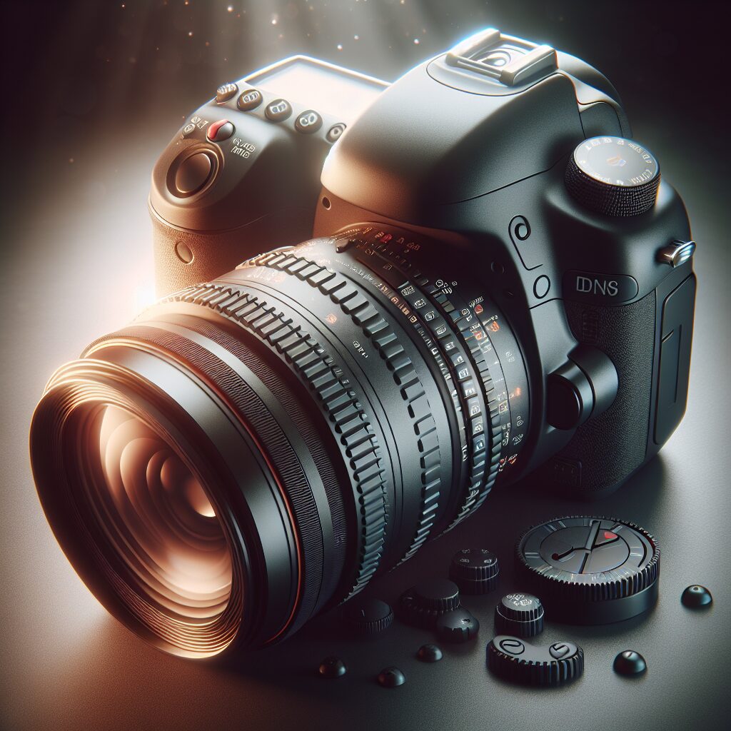 Professional DSLR Camera Lens and Controls for Manual Exposure Adjustment Professional DSLR camera lens with controls for manual exposure adjustment.