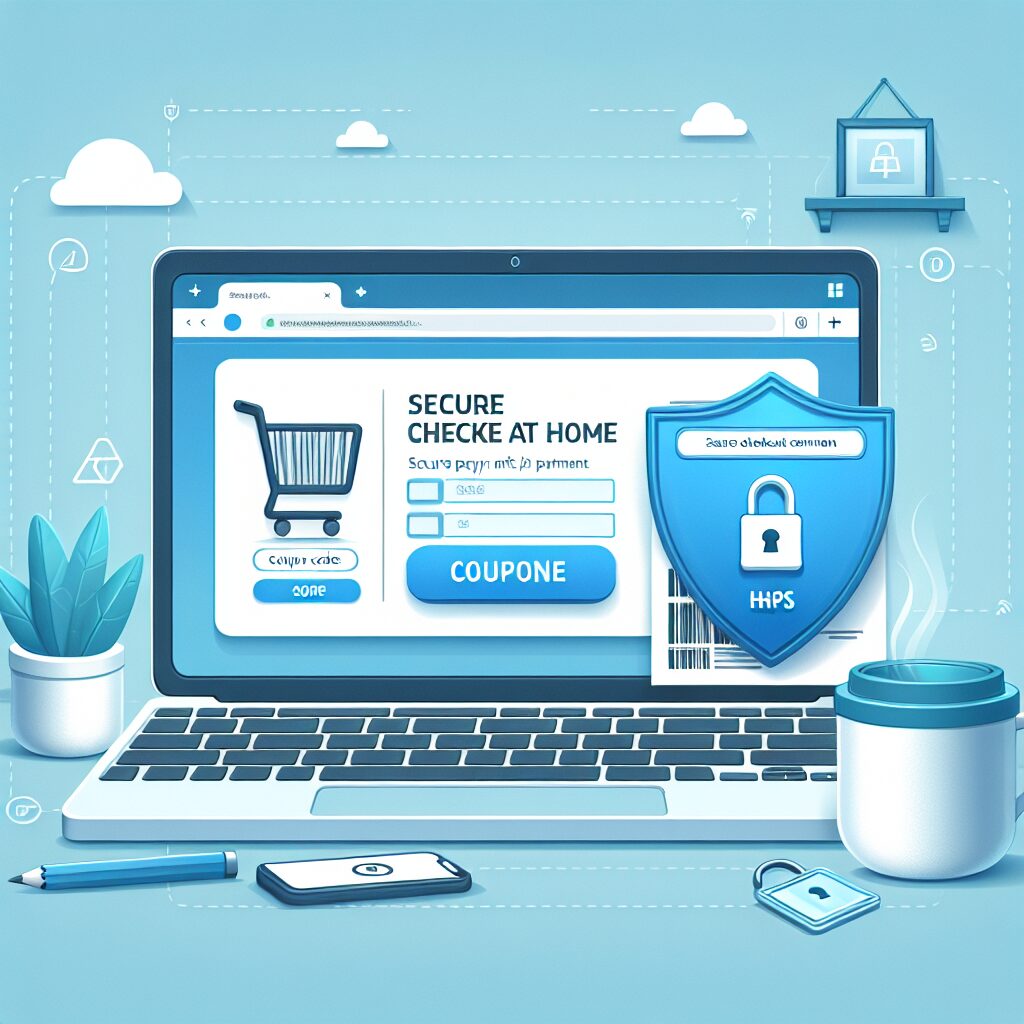 Laptop displaying an online shopping checkout page with coupon code entry and an HTTPS padlock indicating secure payment at home