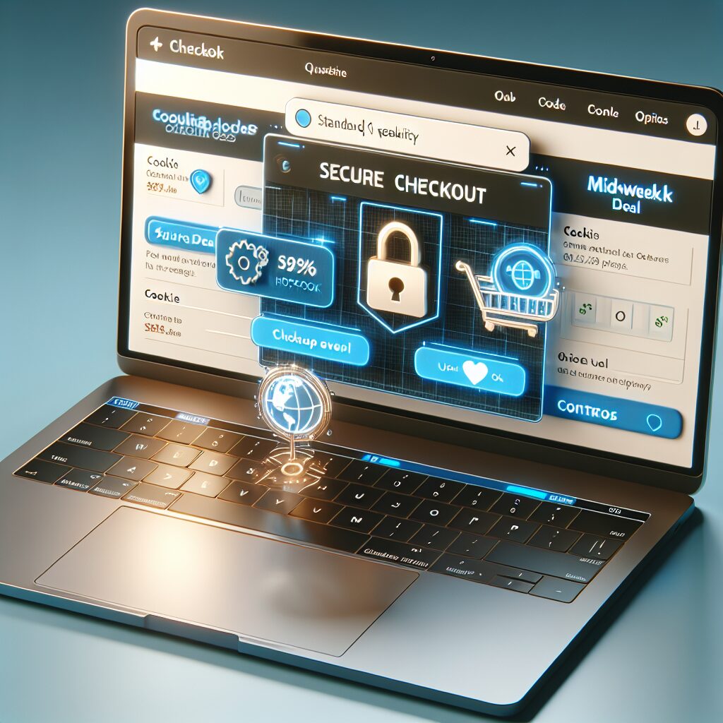 Secure Checkout Screen with HTTPS Padlock, Cookie Controls, and Midweek Deal Alerts on a Laptop Laptop displaying a secure checkout interface with an HTTPS padlock, cookie control options, and midweek deal alerts.