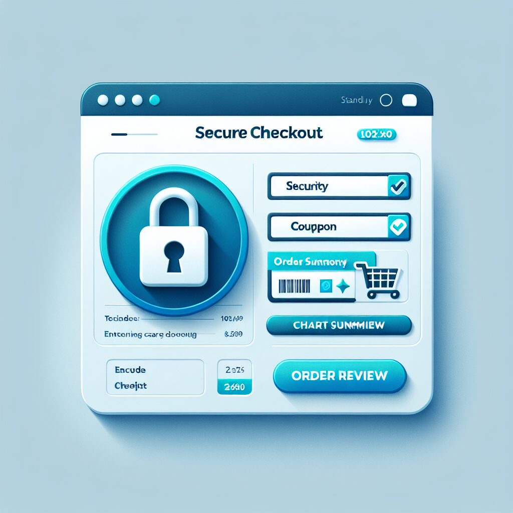 Secure checkout screen featuring a padlock icon, a coupon code entry field, and an order summary with cart review details.