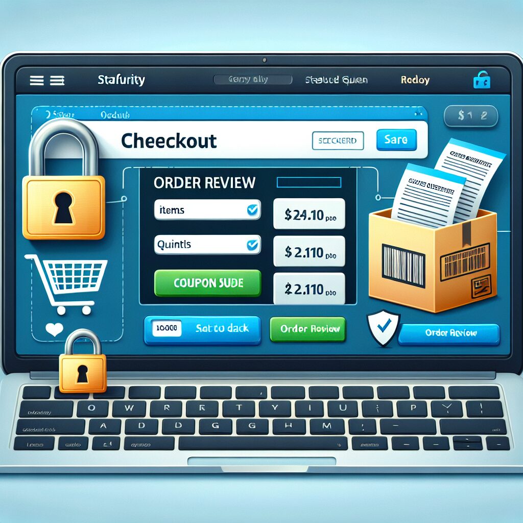 Laptop screen displaying a secure checkout interface with a padlock icon, coupon code field, and order review summary.