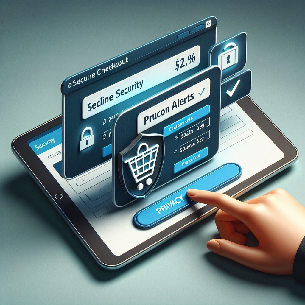 Secure checkout interface displaying price alerts, coupon code entry, and privacy settings side by side.