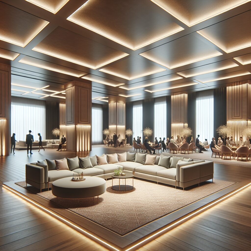 Softly Lit Reception Lounge with Sectional Seating and Uplighting Beside the Dance Floor Softly lit reception lounge featuring sectional seating and ambient uplighting beside the dance floor.