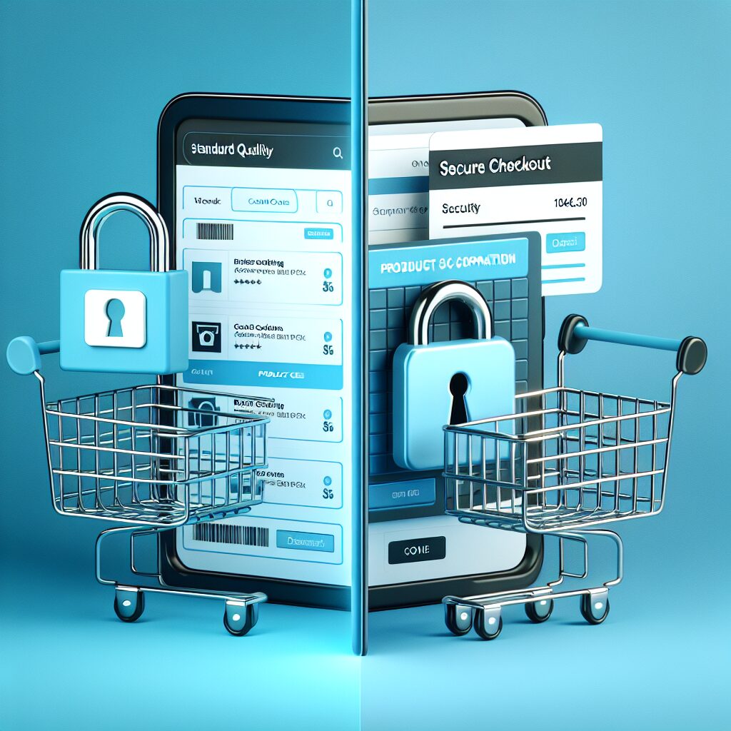 Split-screen comparison of product listings showing coupon codes on one side and a secure checkout padlock on the other side