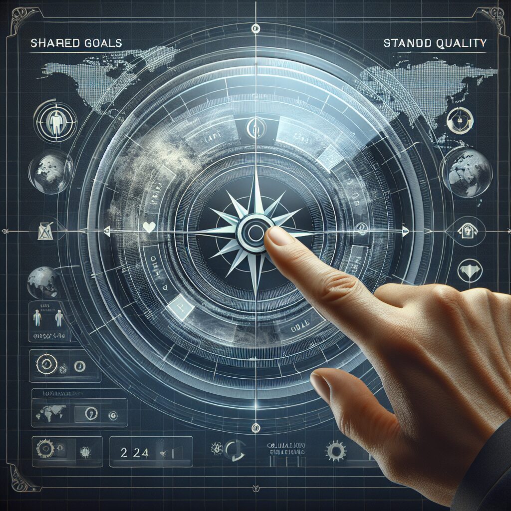 A leader’s hand points to shared team goals on a transparent dashboard with a compass motif.