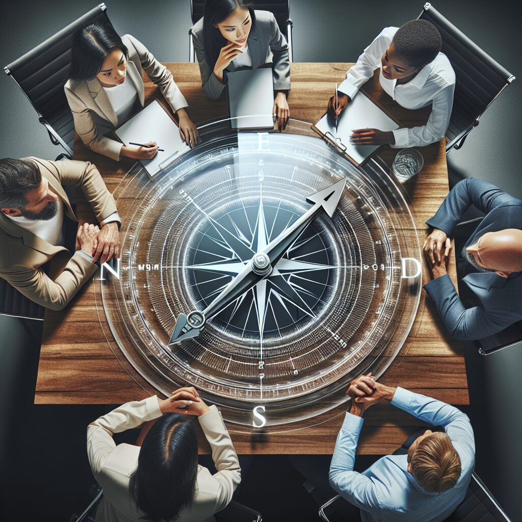 Transparent Compass on a Conference Table Guiding a Diverse Team Toward Shared Milestones Leadership: Transparent compass on a conference table guiding a diverse team toward shared goals and milestones.