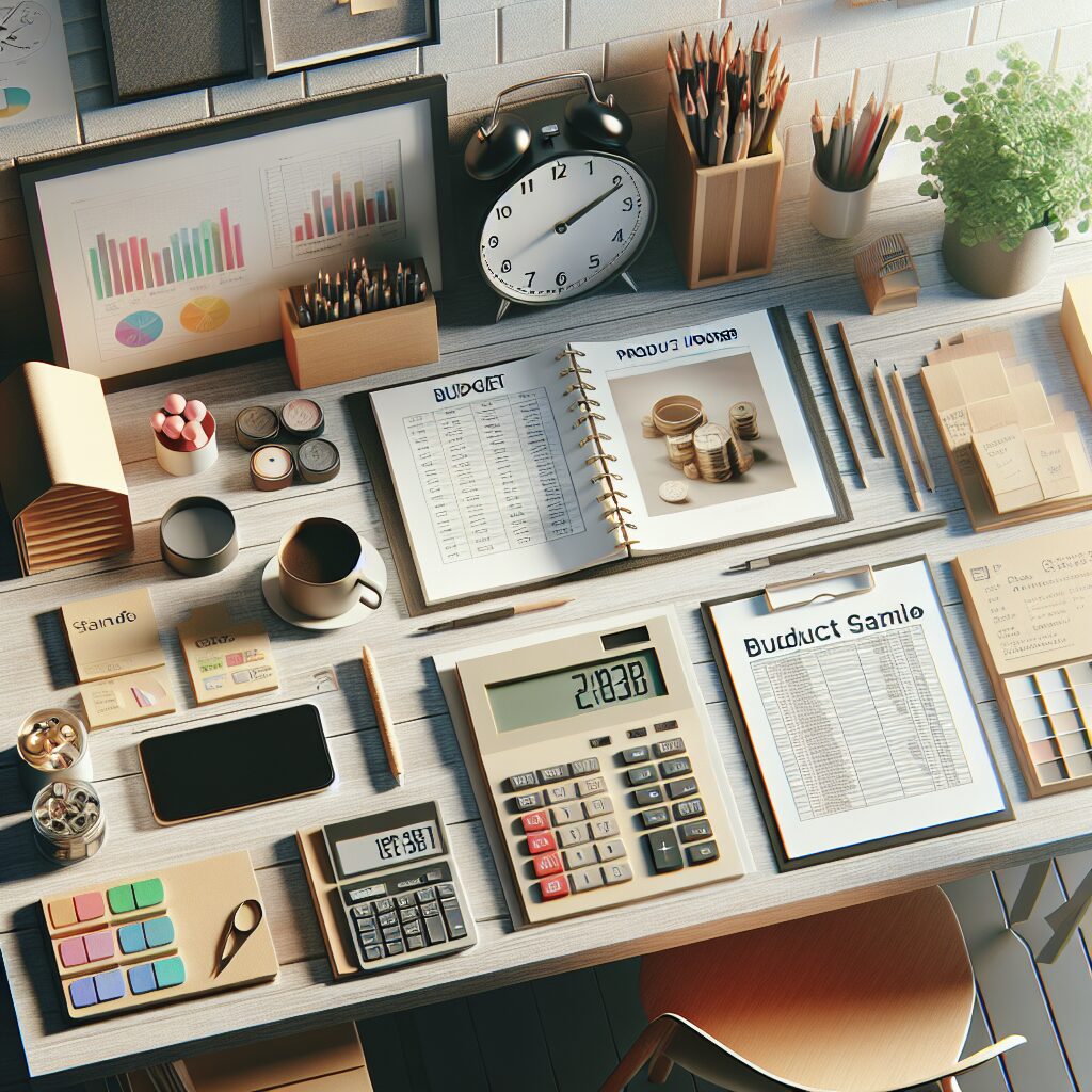Well-organized home office desk with a budget spreadsheet, product samples, and a work-hours planner arranged neatly on the workspace.