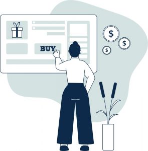 online shopping concept woman pressing buy button