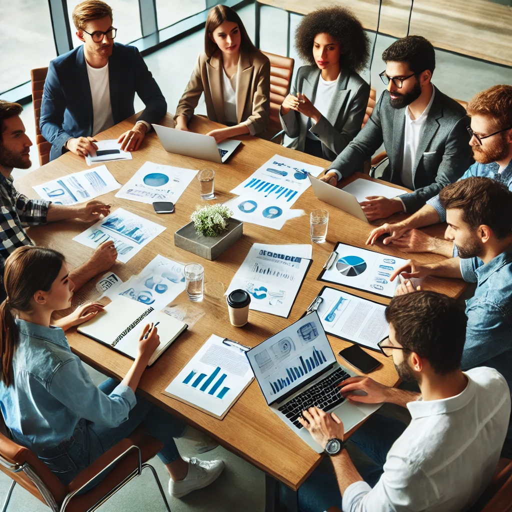 A meeting scene with diverse small business owners gathered around a conference table, discussing strategies. Laptops, notepads, and charts are visible