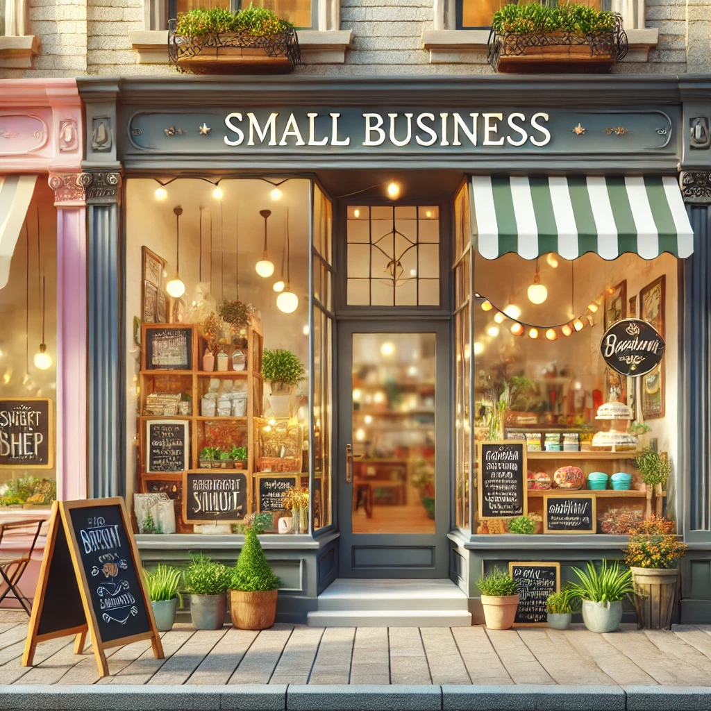 A small business storefront showcasing a bright and welcoming design. The exterior has a colorful sign, large windows with creative displays