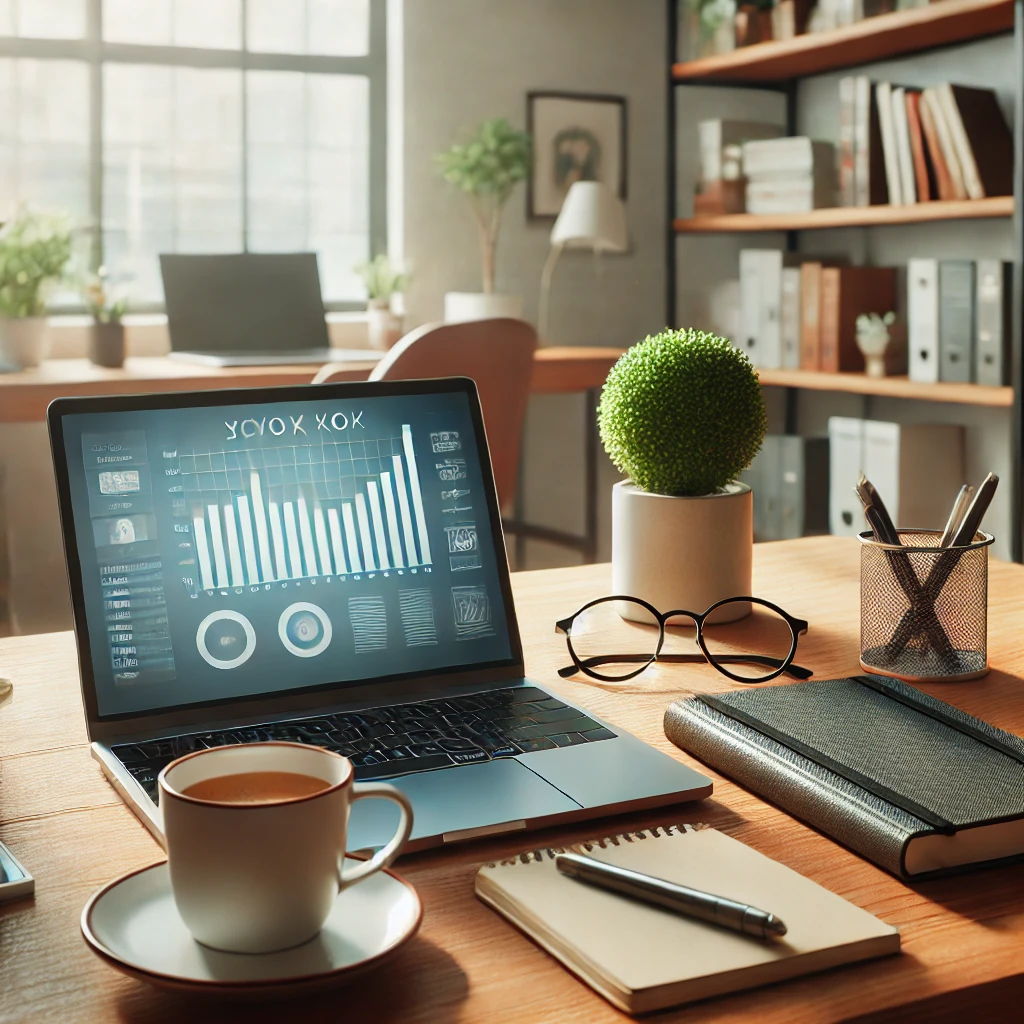 A professional workspace with a laptop, notebook, and coffee cup on a wooden desk. Background includes a bookshelf and potted plant