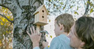 a man and a boy nailing a birdhouse into a tree