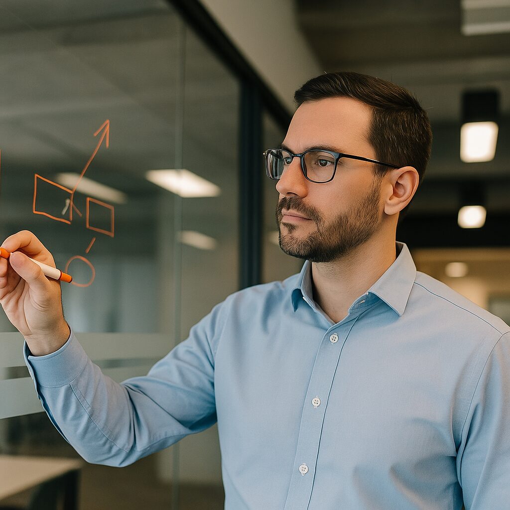 a man writing on a glass board - communication strategy