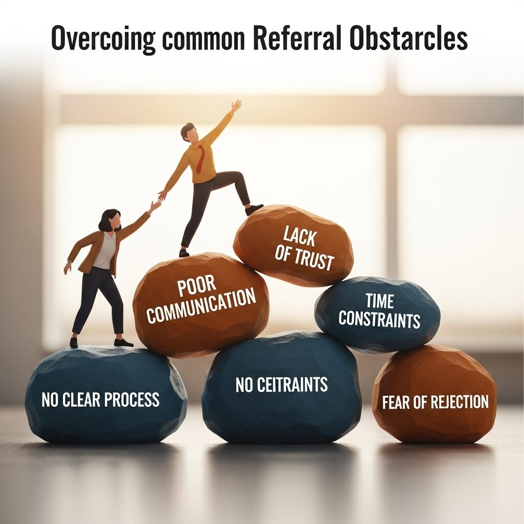 a man and woman climbing a stack of rocks representing referral strategy